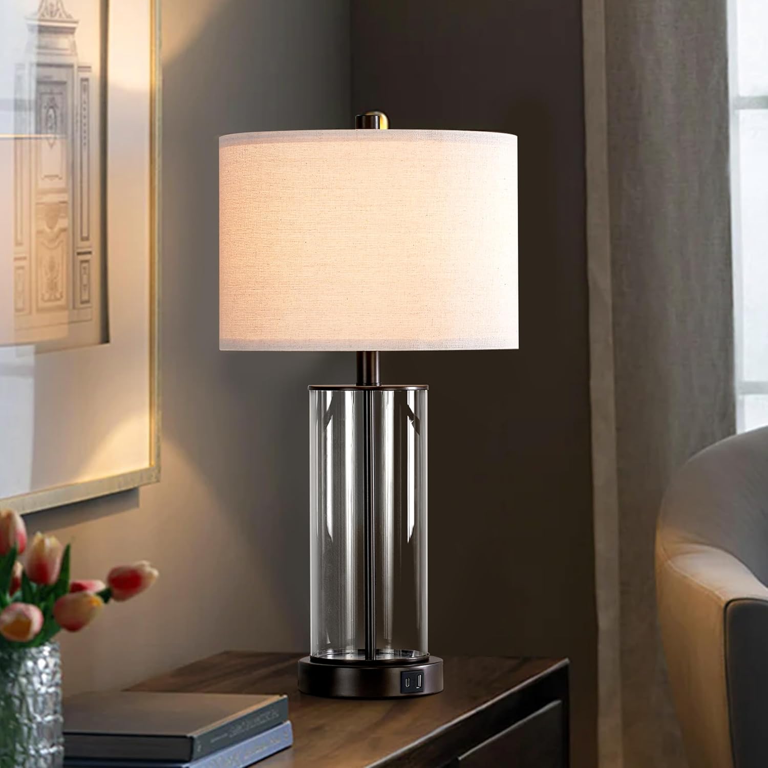 Kyrid 23.5'' Glass Table Lamp Set of 2 for Living Room with USB Ports and AC Outlets(Bulbs Included) - Image 2