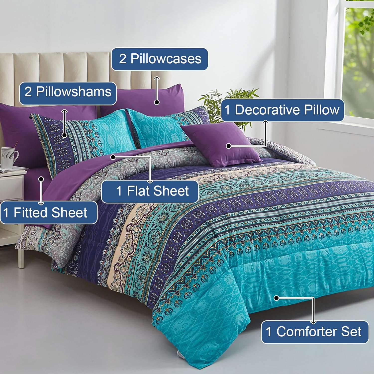 Cottolester Boho Comforter Set King Size 8 Piece Bed in a Bag Bohemian Striped Bedding Quilt Set Aqua Paisley Floral Comforter and Sheet Set,Soft Microfiber Complete Bedding Sets for All Season - Image 2