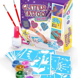 Original Stationery Glitter Tattoo Kit for Girls, 33-Piece Set with 24 Stencils, 6 Glitter Colors, Brushes & Adhesive, Creative Body Art Activity, Christmas Gift & Fun Holiday Party Supply