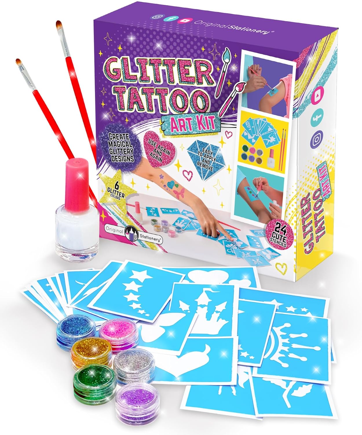 Original Stationery Glitter Tattoo Kit for Girls, 33-Piece Set with 24 Stencils, 6 Glitter Colors, Brushes & Adhesive, Creative Body Art Activity, Christmas Gift & Fun Holiday Party Supply