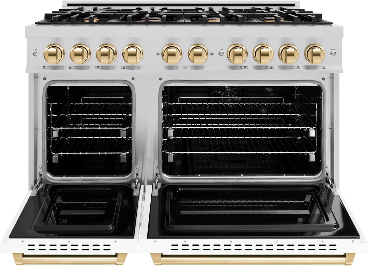 ZLINE Autograph Edition 48 in. 6.7 cu. ft. Classic Double Oven Dual Fuel Range with 8 Burner Gas Cooktop in Stainless Steel with White Matte Door and Polished Gold Accents (CDRZ-WM-48-G) - Image 2