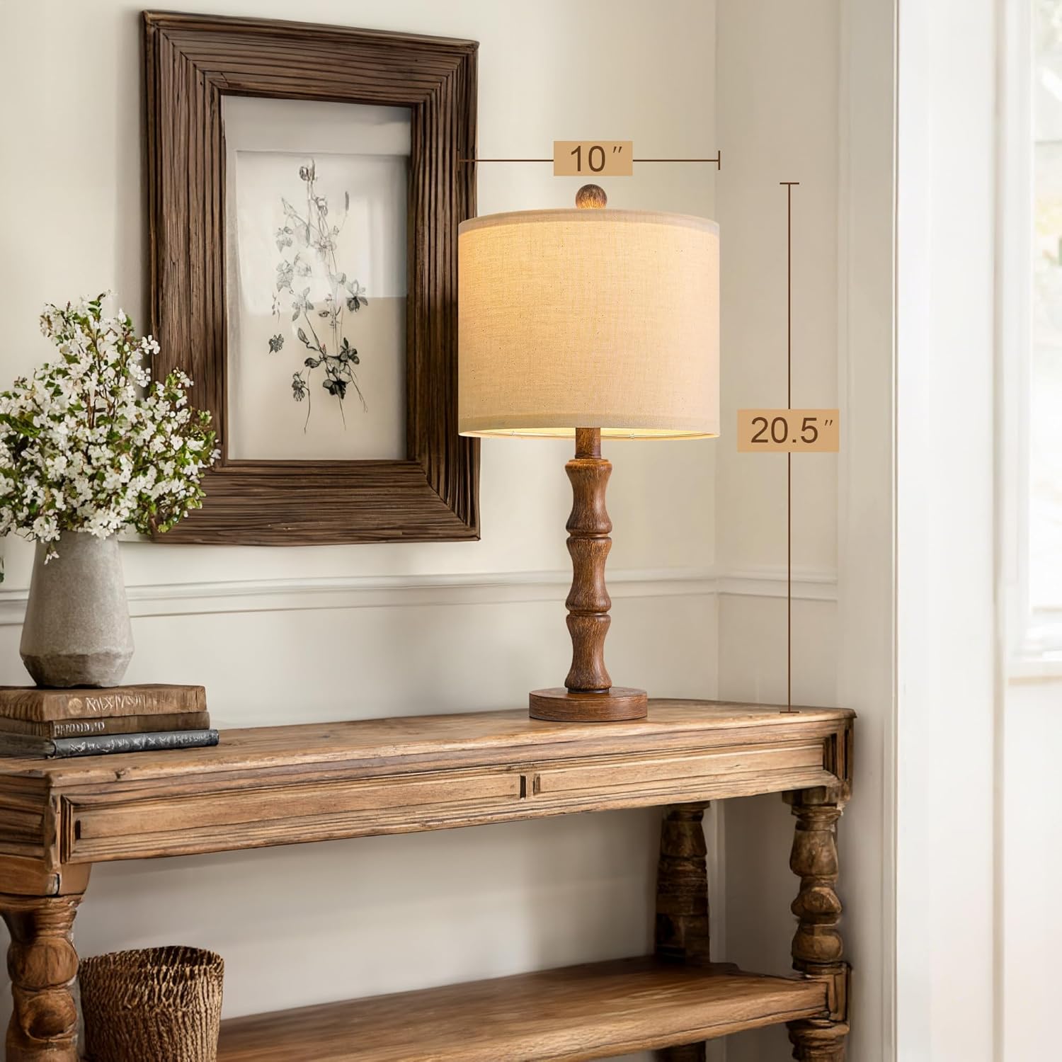 BOBOMOMO 20.5" Rustic Table Lamps Set of 2, Farmhouse Nightstand Lamp with Wood Grain Resin Base & Linen Shade, Small Bedside Lamp for Bedroom, Living Room & Apartment Décor- Ideal for Small Spaces - Image 3