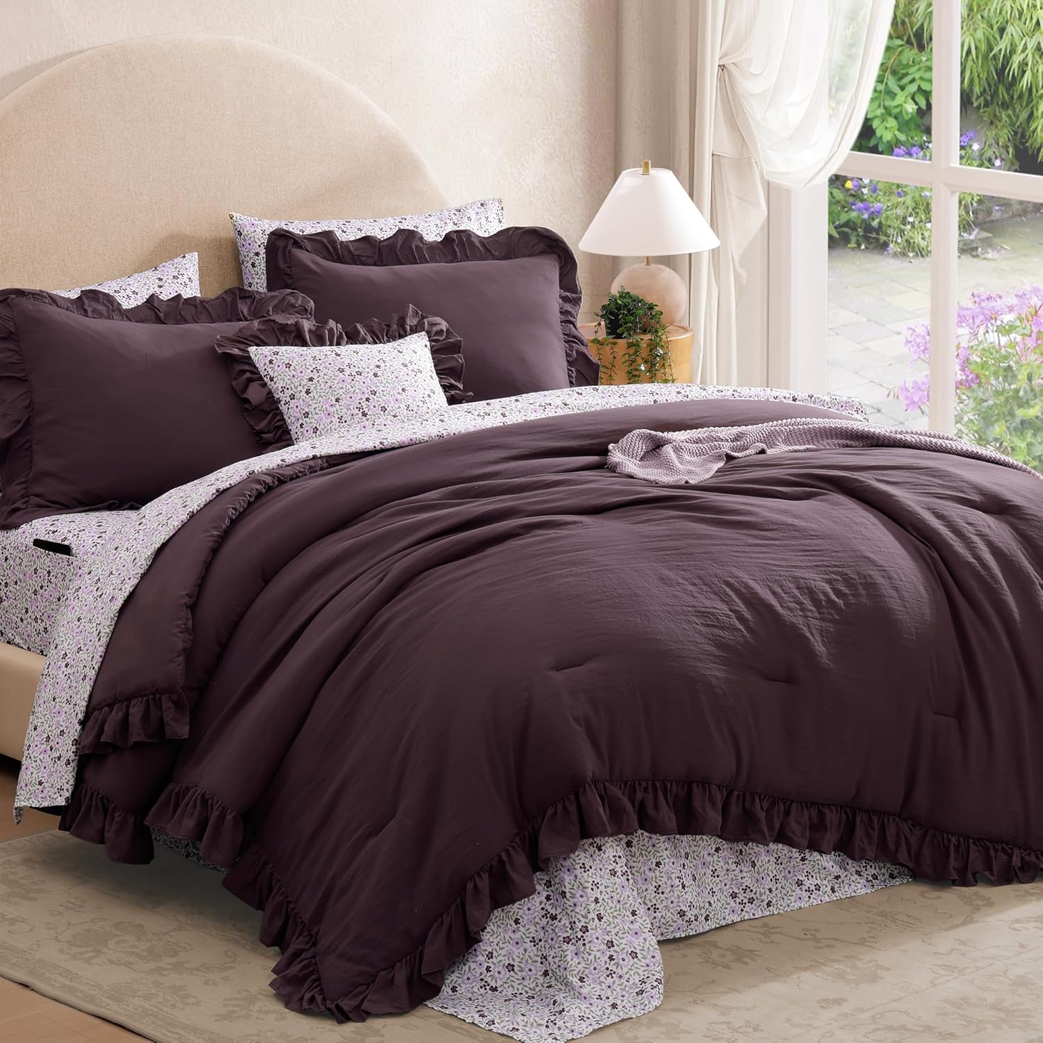 Queen Comforter Set - 7 Pieces Ruffle Purple Bedding Sets, Shabby Chic Farmhouse Bed in a Bag Queen with Ruffle Comforter, Floral Sheets, Pillowcases & Shams - Image 4