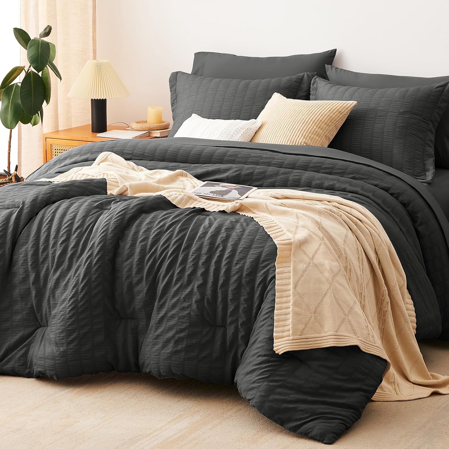 CozyLux Queen Comforter Set Dark Grey Seersucker 7 Pieces Bed in a Bag Queen Comforter Set with Sheets, Luxury Soft Bedding Set with Down Alternative Comforter, Sheets, Pillowcases & Shams All Seasons