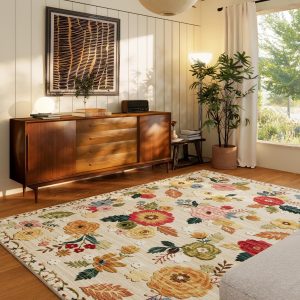 8x10 Area Rugs for Living Room: Washable Rug Stain Resistant Distressed Vintage Floral Rug Non Slip Low Pile Faux Wool Soft Large Area Rugs for Bedroom Bedside Farmhouse Dining Room Kids Nursery