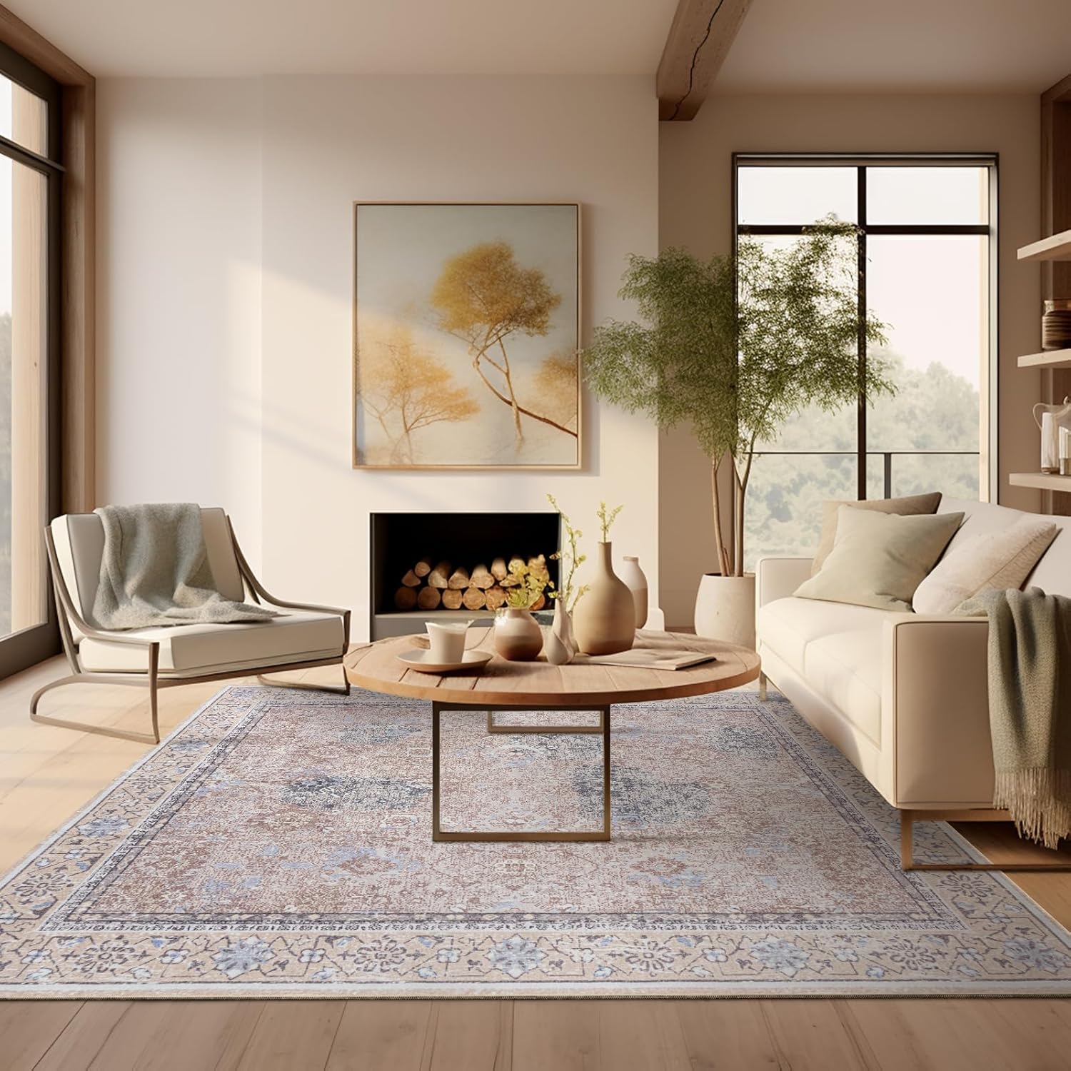 Ashler Boho Rug, 5x7 Area Rugs, Vintage Rugs, Large Area Rugs for Living Room, Bedroom, Kitchen, Dinner, Beige/Natural/Light Coffee Home Decor, Non-Slip & Machine Washable Rugs, Rectangular - Image 3