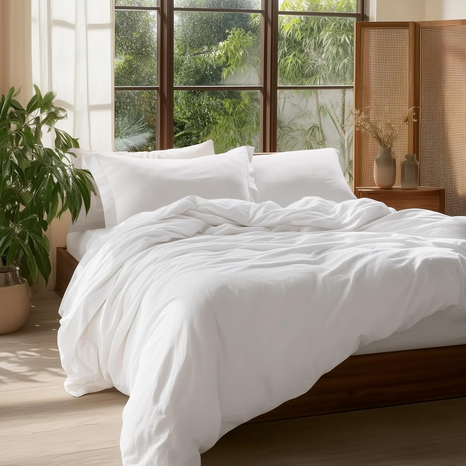 Bedsure 100% Washed Cotton Duvet Cover Queen Size - Natural White Minimalist Cotton Duvet Cover Linen Like for All Seasons - GentleSoft™ Plain Simple Bedding (Natural White, Queen, 90"x90") - Image 4