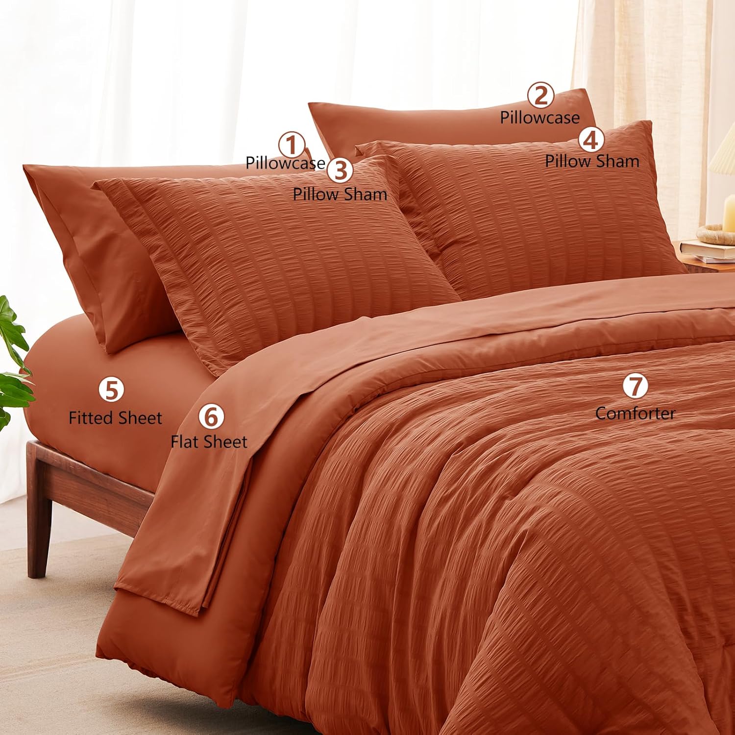 CozyLux Full Size Comforter Sets with Sheets Seersucker 7 Pieces Burnt Orange Bed in a Bag Luxury Terracotta Bedding Set with Down Alternative Comforter, Sheets, Pillowcases & Shams for All Seasons - Image 8