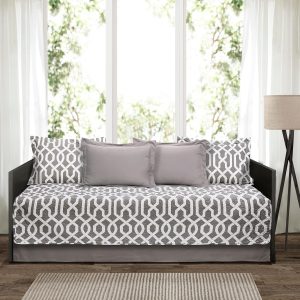 Lush Decor Edward Trellis Patterned 6 Piece Daybed Cover Set Includes Bed Skirt, Pillow Shams and Cases, 75" X 39", Gray and White