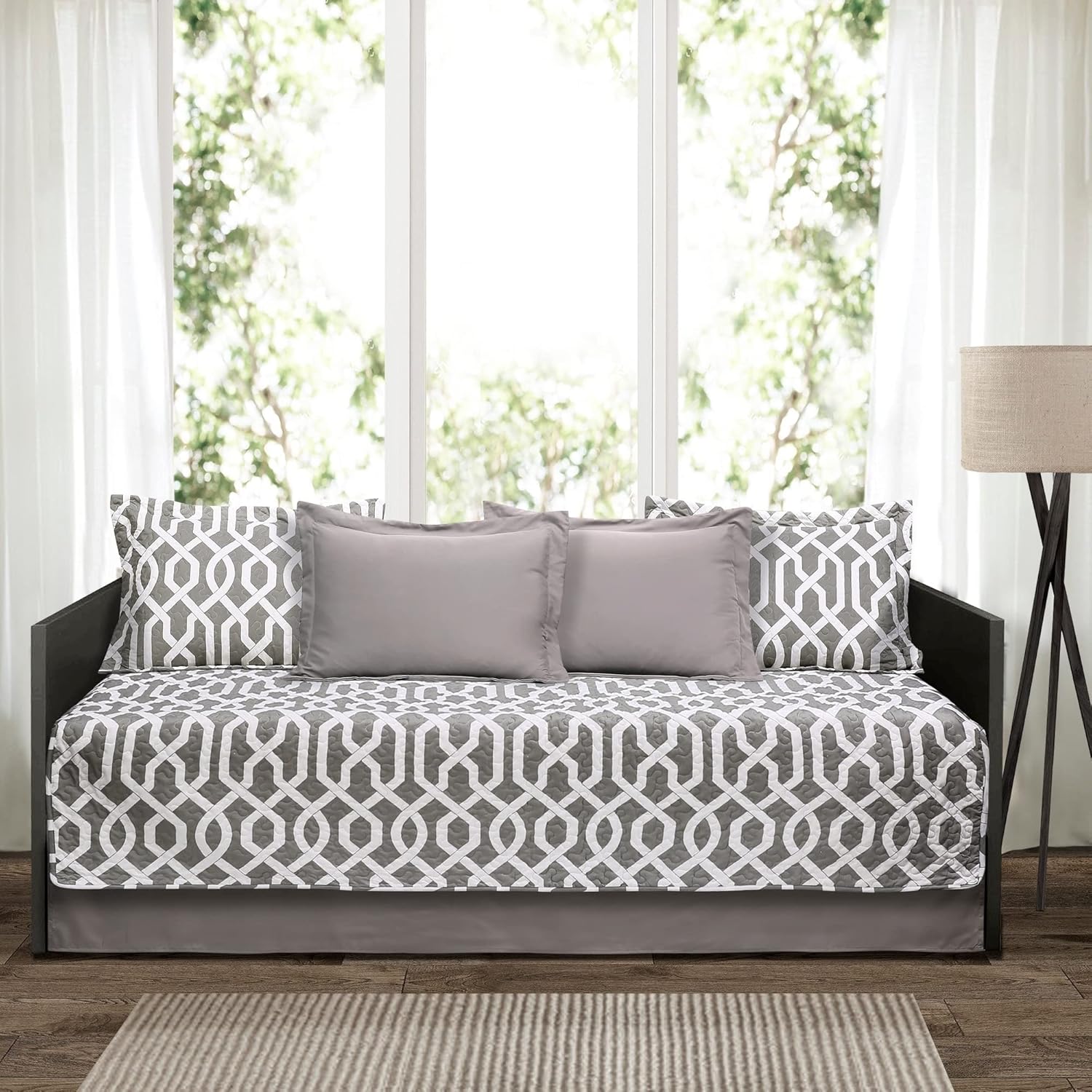 Lush Decor Edward Trellis Patterned 6 Piece Daybed Cover Set Includes Bed Skirt, Pillow Shams and Cases, 75″ X 39″, Gray and White