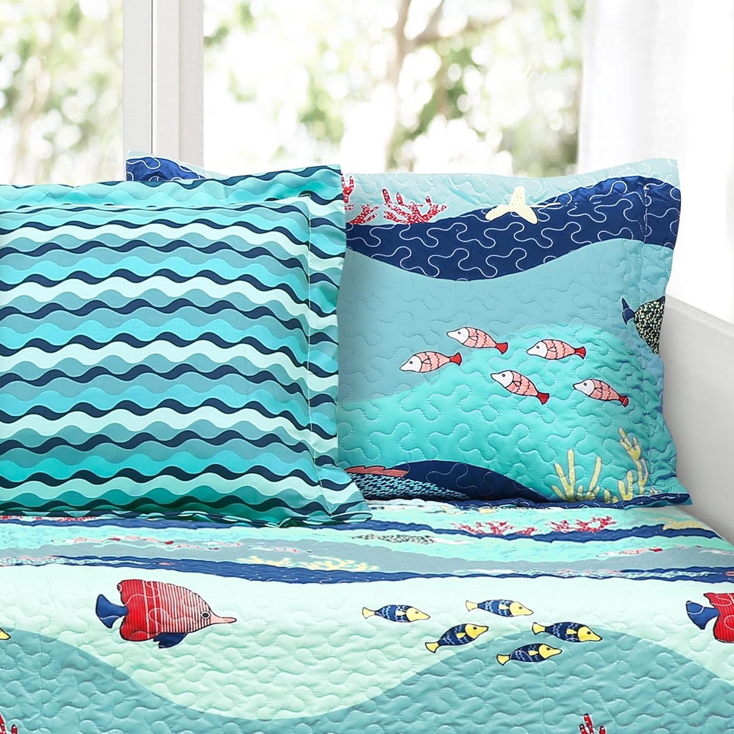 Lush Decor Sealife Daybed Cover 6 Piece Set 39" W x 75" L Blue - Daybed Bedding Set Twin Quilt Blue - Toddler Bedding - Coastal Decor - Image 2