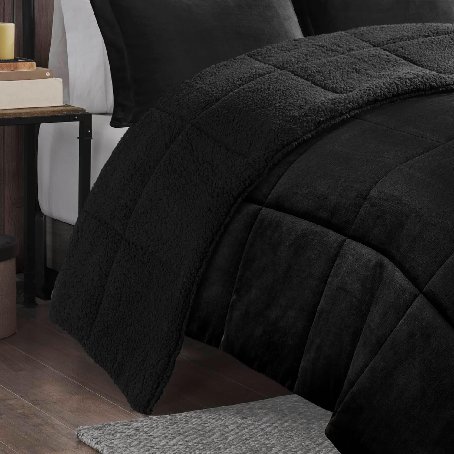 CHARMMA 4-Piece King Plush to Sherpa Down Alternative Comforter Set,Black/106.00x94.00x1.50in - Image 5