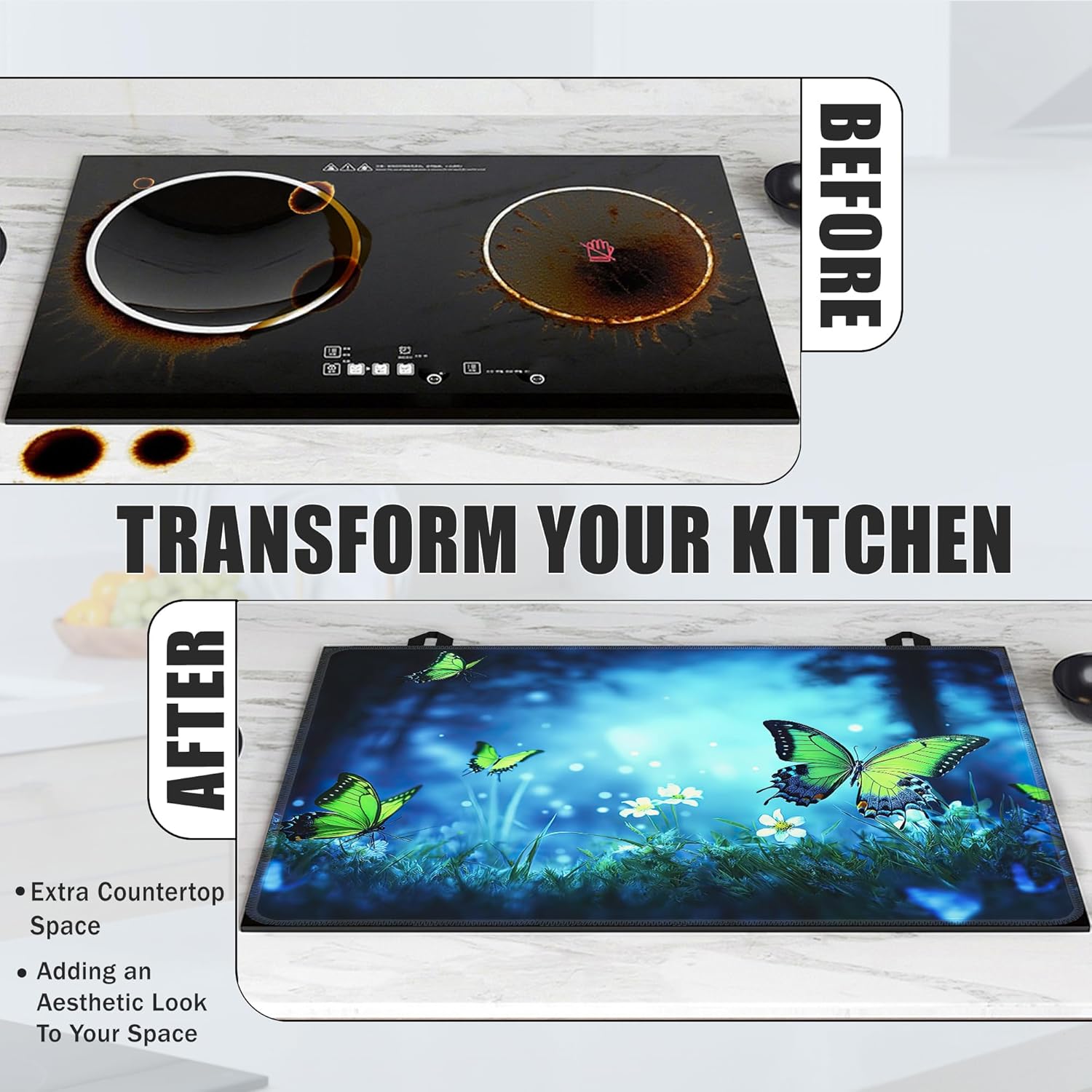 Electric Stove Top Cover,Green Butterfly Stove Cover for Glass Top Electric Stove,Mystery Forest Wildflower Heat Resistant Flat Top Stove Mat Countertop Protector, 28 x 20 Inch - Image 6