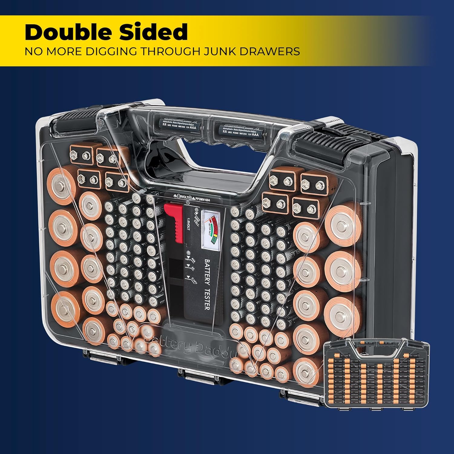 Ontel Battery Daddy Storage & Organizer Case with Tester, Stores & Protects Up to 180 Batteries, Double-Sided, Durable Design W/Clear Locking Lid, Secure Latches & Portable Carrying Handle - Charcoal - Image 4