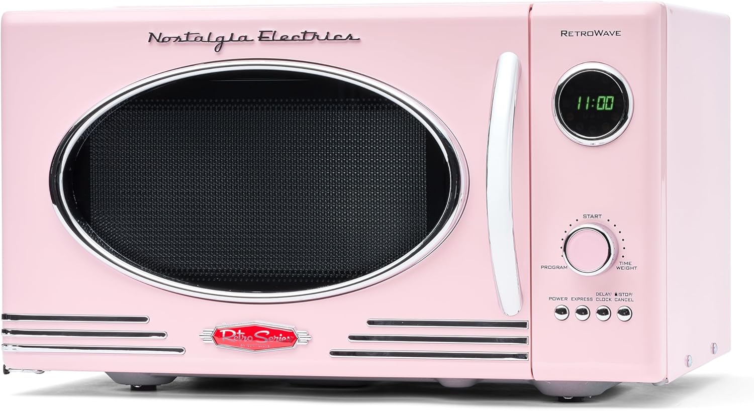 Nostalgia Retro Countertop Microwave Oven – Large 800-Watt – 0.9 cu ft – 12 Pre-Programmed Cooking Settings – Digital Clock – Kitchen Appliances – Pink