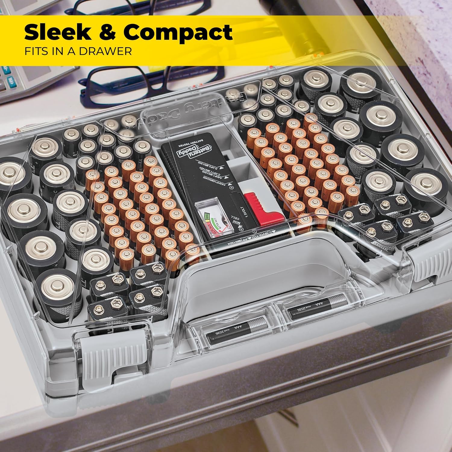 Ontel Battery Daddy Storage & Organizer Case with Tester, Stores & Protects Up to 180 Batteries, Double-Sided, Durable Design W/Clear Locking Lid, Secure Latches & Portable Carrying Handle- Warm Grey - Image 3