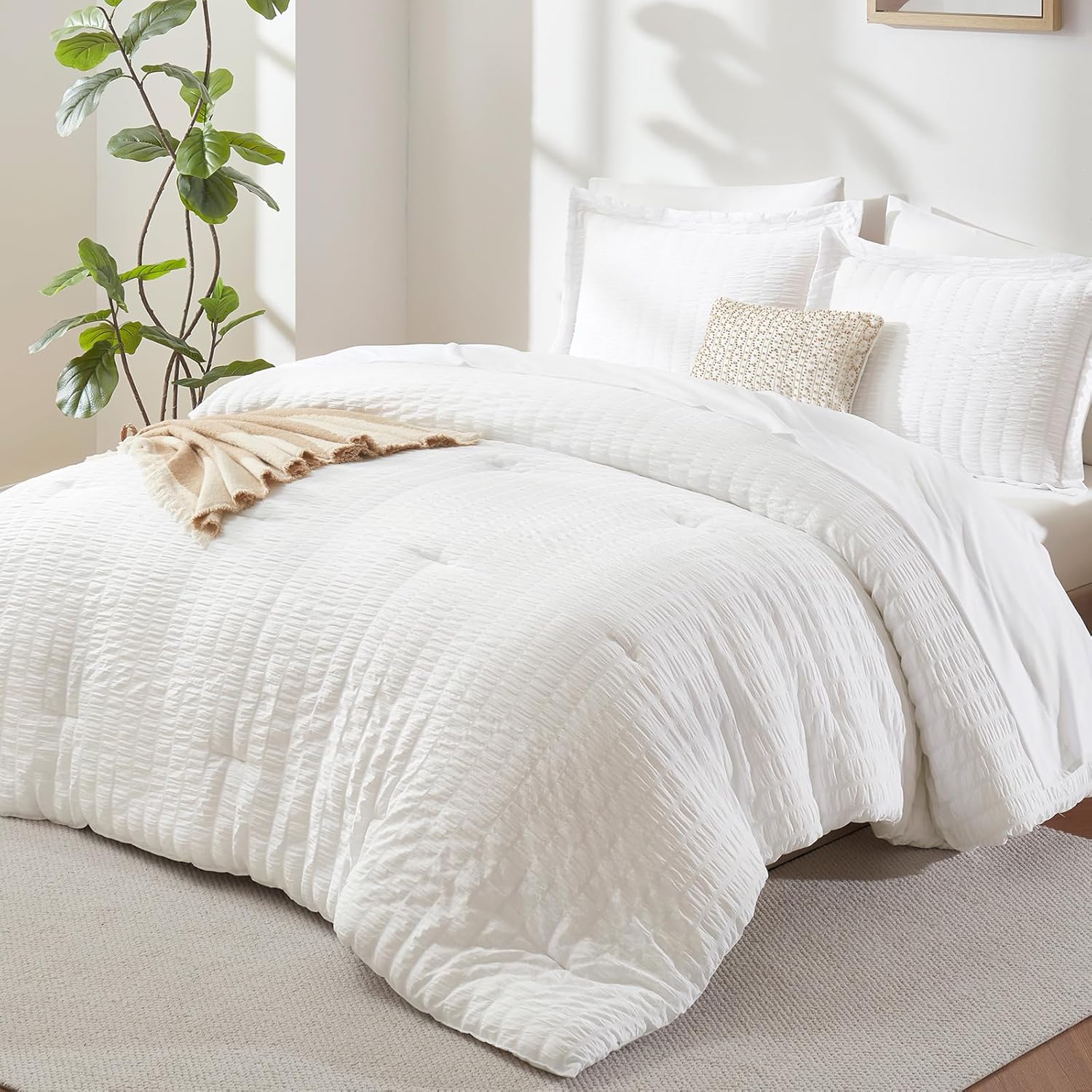 CozyLux Queen Comforter Set White Seersucker 7 Pieces Bed in a Bag Queen Comforter Set with Sheets, Luxury Soft Bedding Set with Down Alternative Comforter, Sheets, Pillowcases & Shams for All Seasons