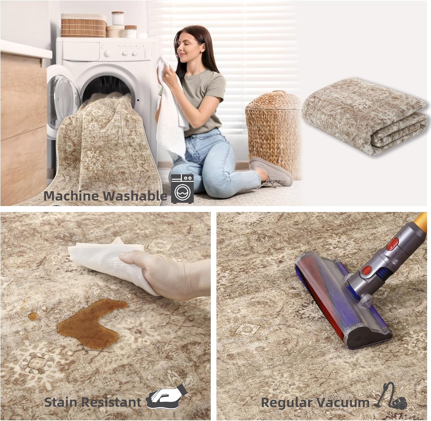 Washable Area Rug: 8'x10' Large Stain Resistant Distressed Vintage Boho Non Slip Low Pile Faux Wool Soft Rug for Bedroom, Kitchen, Dining Room, Nursery, Playroom - Image 5