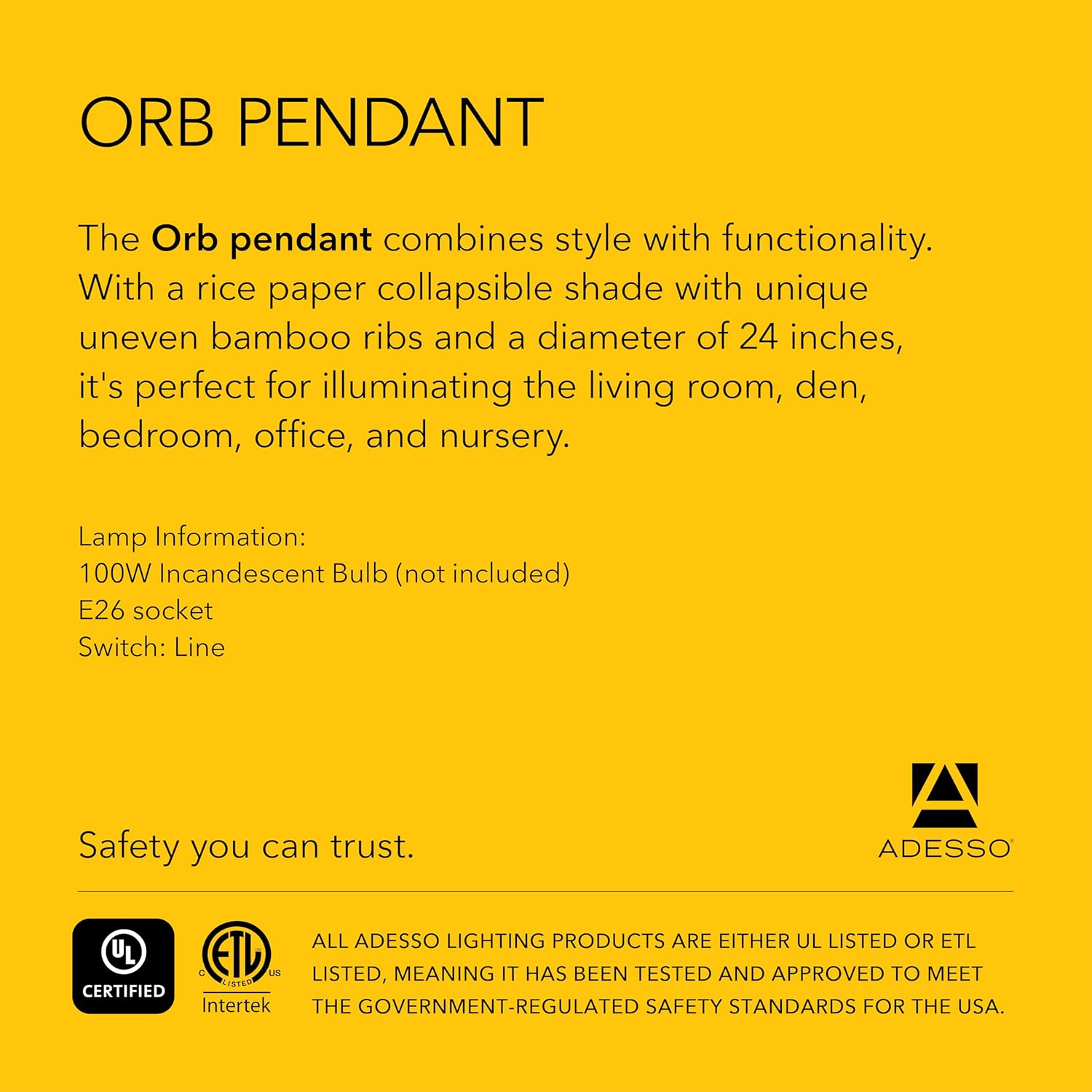 Adesso Orb Large Pendant with Collapsible Rice Paper Shade – 15ft Cord, 24” Diameter – Stylish Ceiling Lighting - Image 7