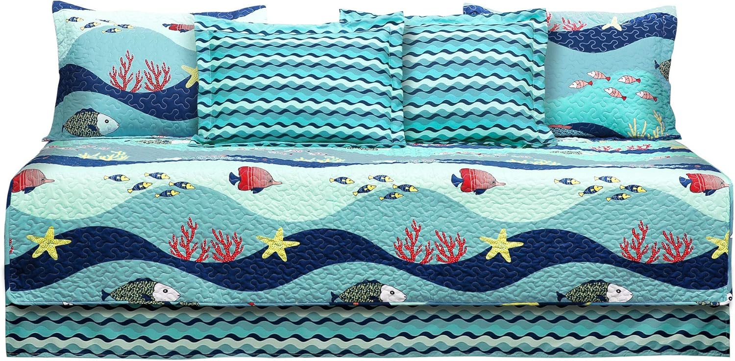 Lush Decor Sealife Daybed Cover 6 Piece Set 39" W x 75" L Blue - Daybed Bedding Set Twin Quilt Blue - Toddler Bedding - Coastal Decor - Image 3