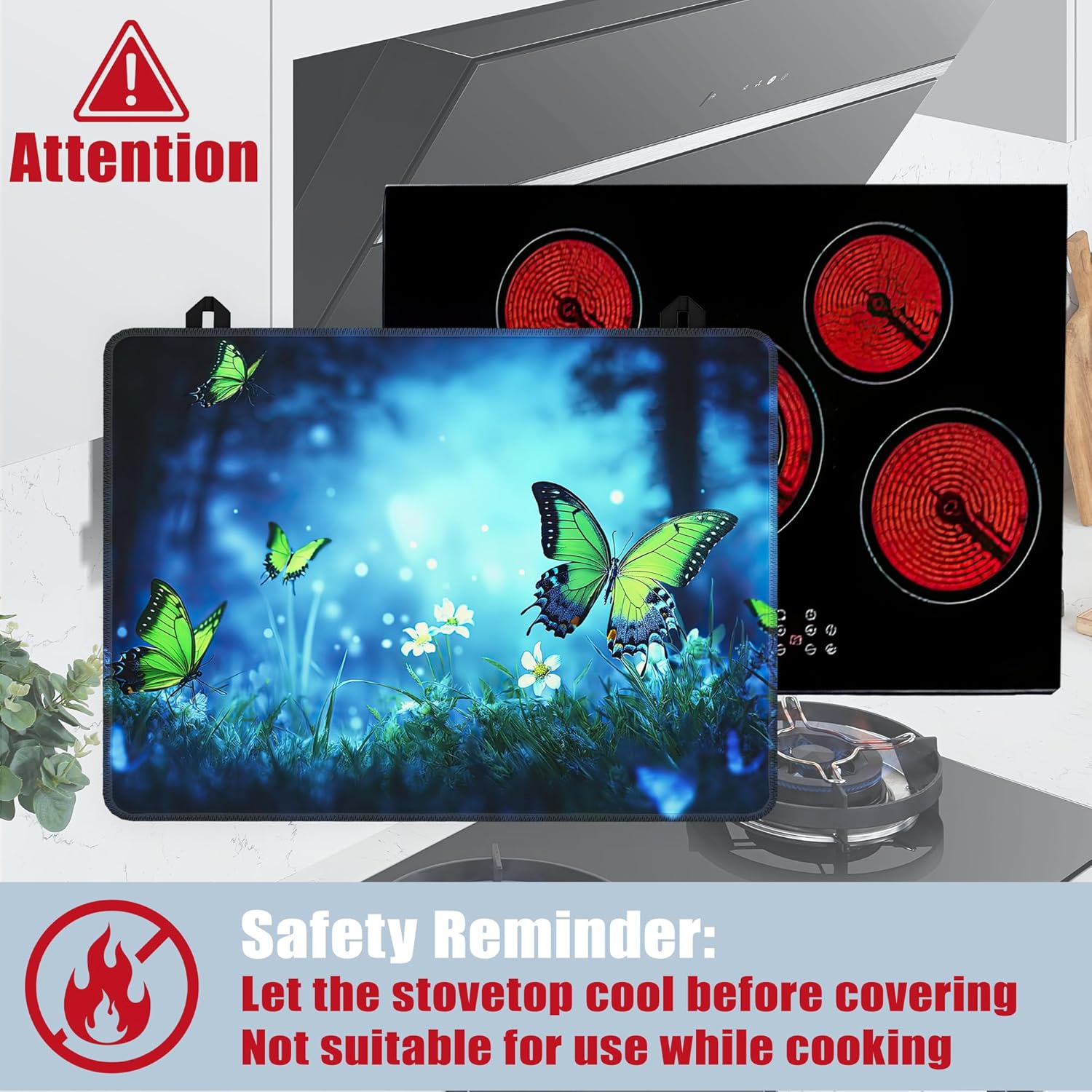 Electric Stove Top Cover,Green Butterfly Stove Cover for Glass Top Electric Stove,Mystery Forest Wildflower Heat Resistant Flat Top Stove Mat Countertop Protector, 28 x 20 Inch - Image 4