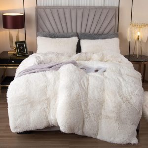 EMME Plush Shaggy White Duvet Cover Set Queen Size 3 Pieces Luxury Fuzzy Comforter Cover Set, Soft Faux Fur Fluffy Winter Bedding Set (White, Queen)