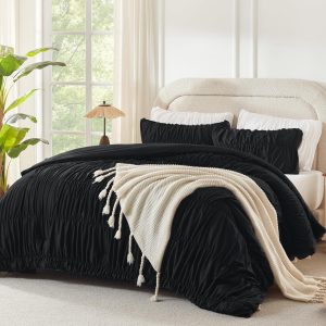 Andency Ruched Black Queen Comforter Set, Shabby Chic Pleated Bedding Sets 3 Pieces, Lightweight Soft Boho Ruffle Bed Set for Girls, Kids, Women, All Season