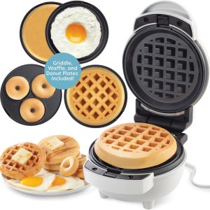 3 in 1 Mini Breakfast Maker- Make Mini Waffles Donuts Pancakes or Eggs all in 1 Multi Use Appliance- Easily Swap & Clean Interchangeable Griddle Plates- Small Electric Nonstick Holiday Baker Xmas Gift