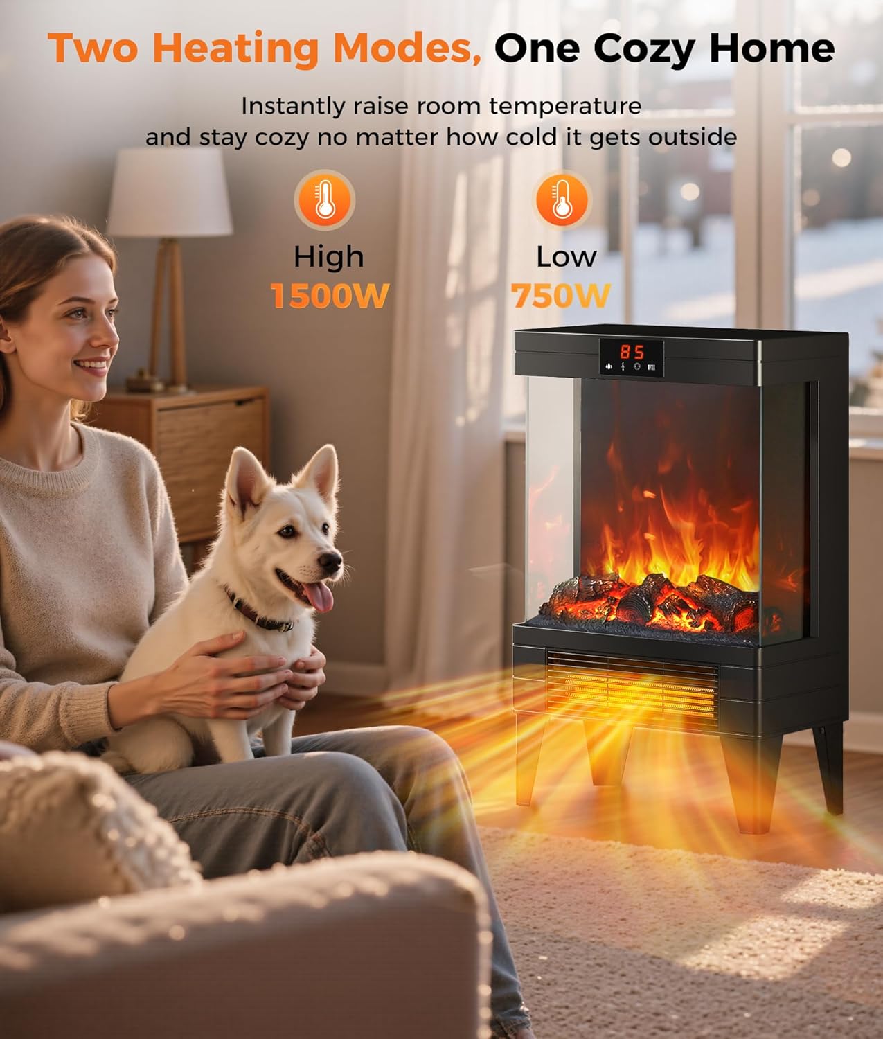 Electric Fireplace Stove Heater - Freestanding Fireplace Heater for Indoor Use with Realistic 3D Flame, Adjustable Thermostat & Remote, Quiet, Timer for Living Room and Bedroom - Image 2
