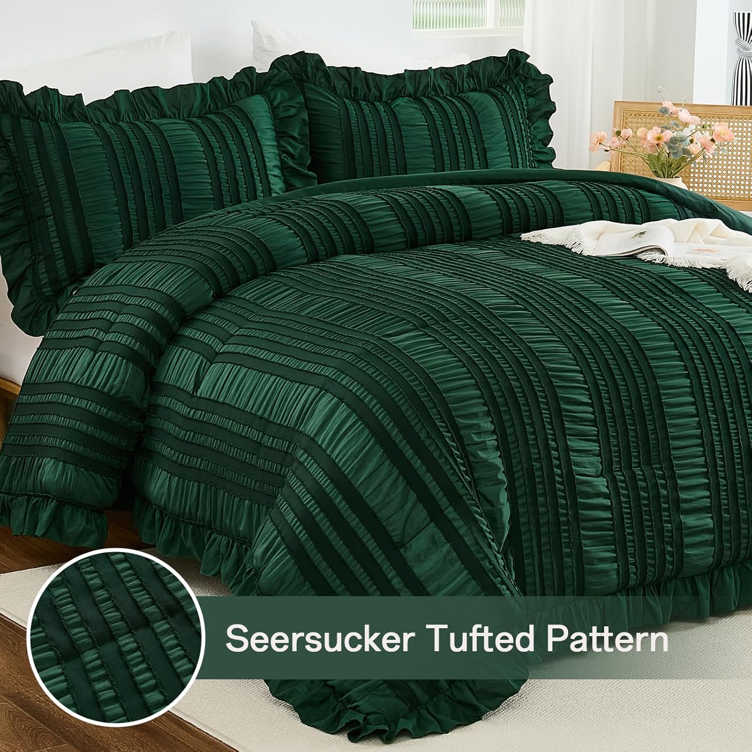 WONGS BEDDING Queen Size Comforter,Christmas Emerald Green Boho Comforter Set Queen,Shabby Chic Bedding Set for Bed, 3 Pieces Soft Lightweight Farmhouse Comforter for All Season 90"×90" - Image 2