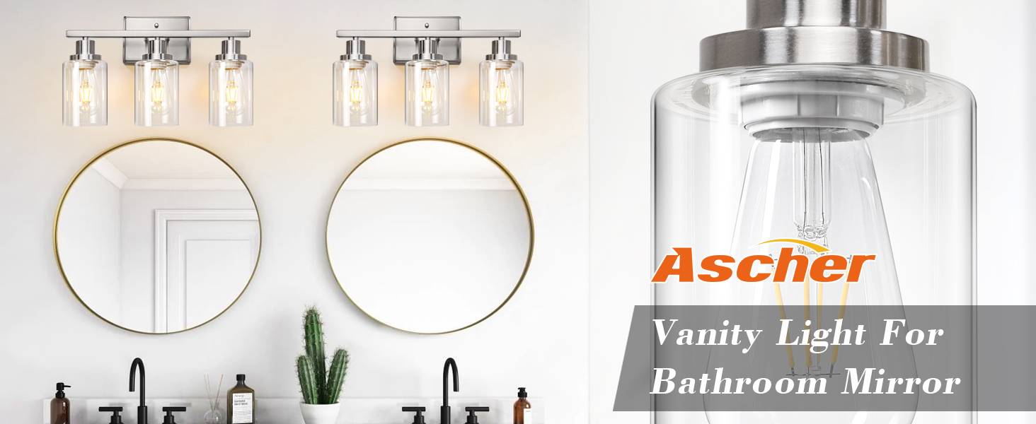 Ascher vanity light for bathrom mirror, nickel 3 light with clear glass shades, standard E26 base