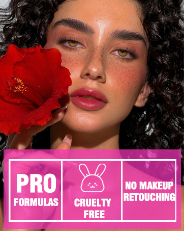Cosmetic product advertisement featuring text 'PRO FORMULA', 'CRUELTY FREE', and 'NO MAKEUP RETOUCHING' on pink background.