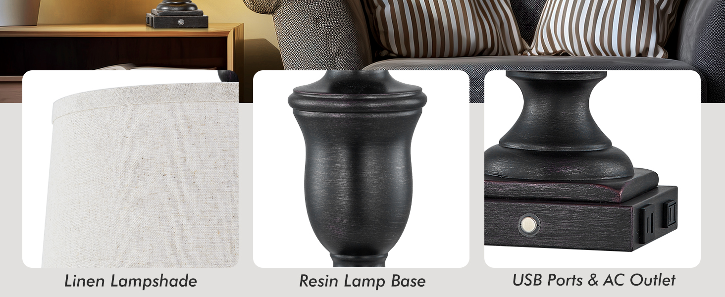 3 Way Dimmable Bedroom Lamps with 2 USB Ports +AC Outlet