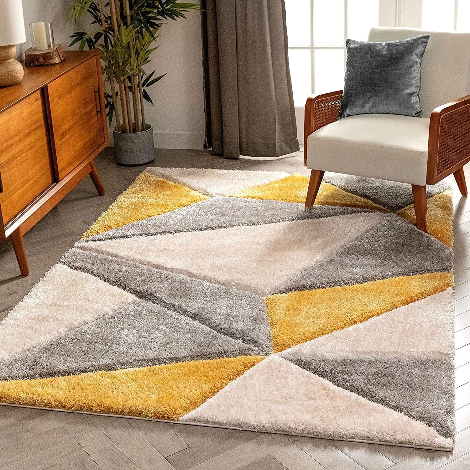 Geometric Modern Area Rug Soft Shaggy Carpet for Living Room, Bedroom, and Home Decor Yellow Gray Beige (Size 5×7 Feet)