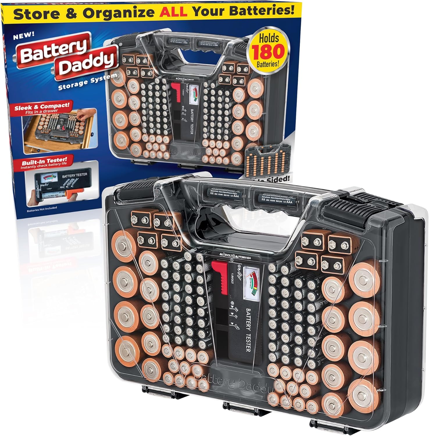 Ontel Battery Daddy Storage & Organizer Case with Tester, Stores & Protects Up to 180 Batteries, Double-Sided, Durable Design W/Clear Locking Lid, Secure Latches & Portable Carrying Handle – Charcoal