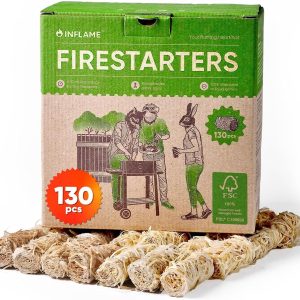 Inflame Fire Starters 130 pcs Fire Starters for Campfires, Grill, BBQ, Fireplace, Woodstove - Charcoal Starter - Waterproof, Weather-Resistant - Natural Wood Fireplace Starters