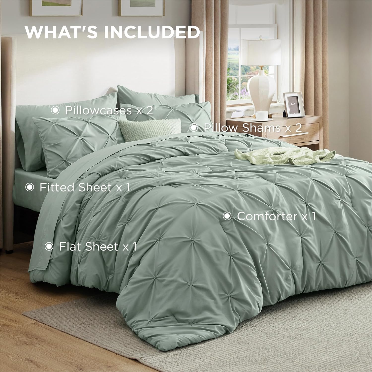 Bedsure Queen Comforter Set Sage Green - Bed in a Bag Queen Size Bedding 7 Pieces, GentleSoft™ Pintuck Bed Set Gift for Family, Pinch Pleat All Season Comforter with Sheets, Pillowcases & Shams - Image 9