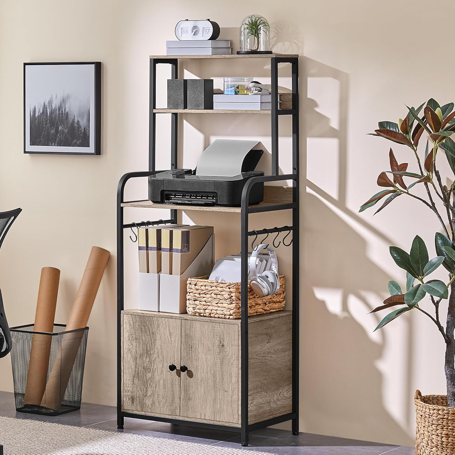 Yaheetech 4-Tier Kitchen Bakers Rack with Storage Cabinet and Hutch, Microwave Oven Stand Coffee Bar Pantry Cabinet with 8 S Hooks, Freestanding Kitchen Shelves Spice Rack, Gray - Image 3