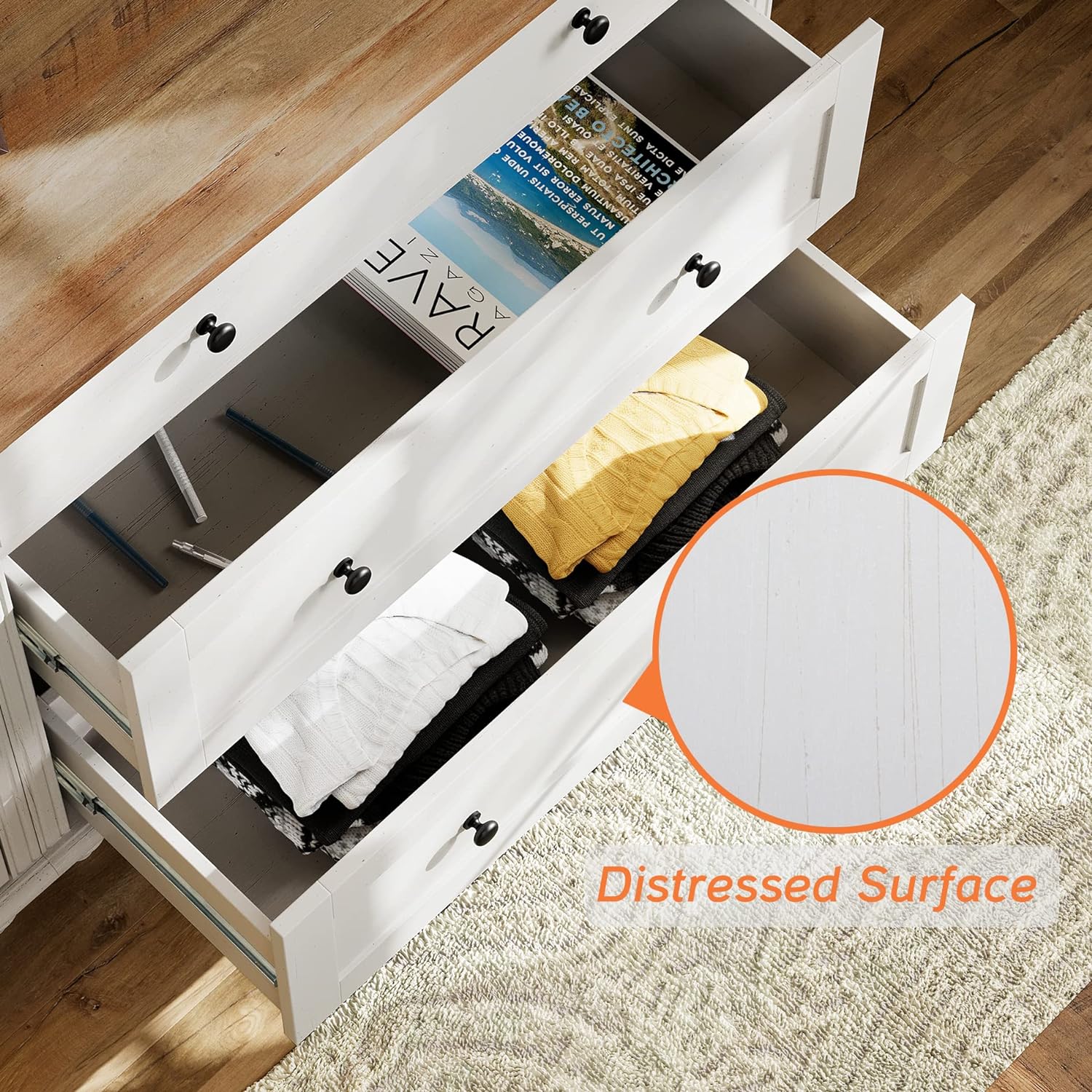 WAMPAT Farmhouse Nightstand with 3 Drawers, Set of 2 Large 3 Drawers Wood Bedside Table Night Stand, Wide Sofa Side End Table Chest of Dresser for Living Room, Bedroom, White, 34 inch - Image 4