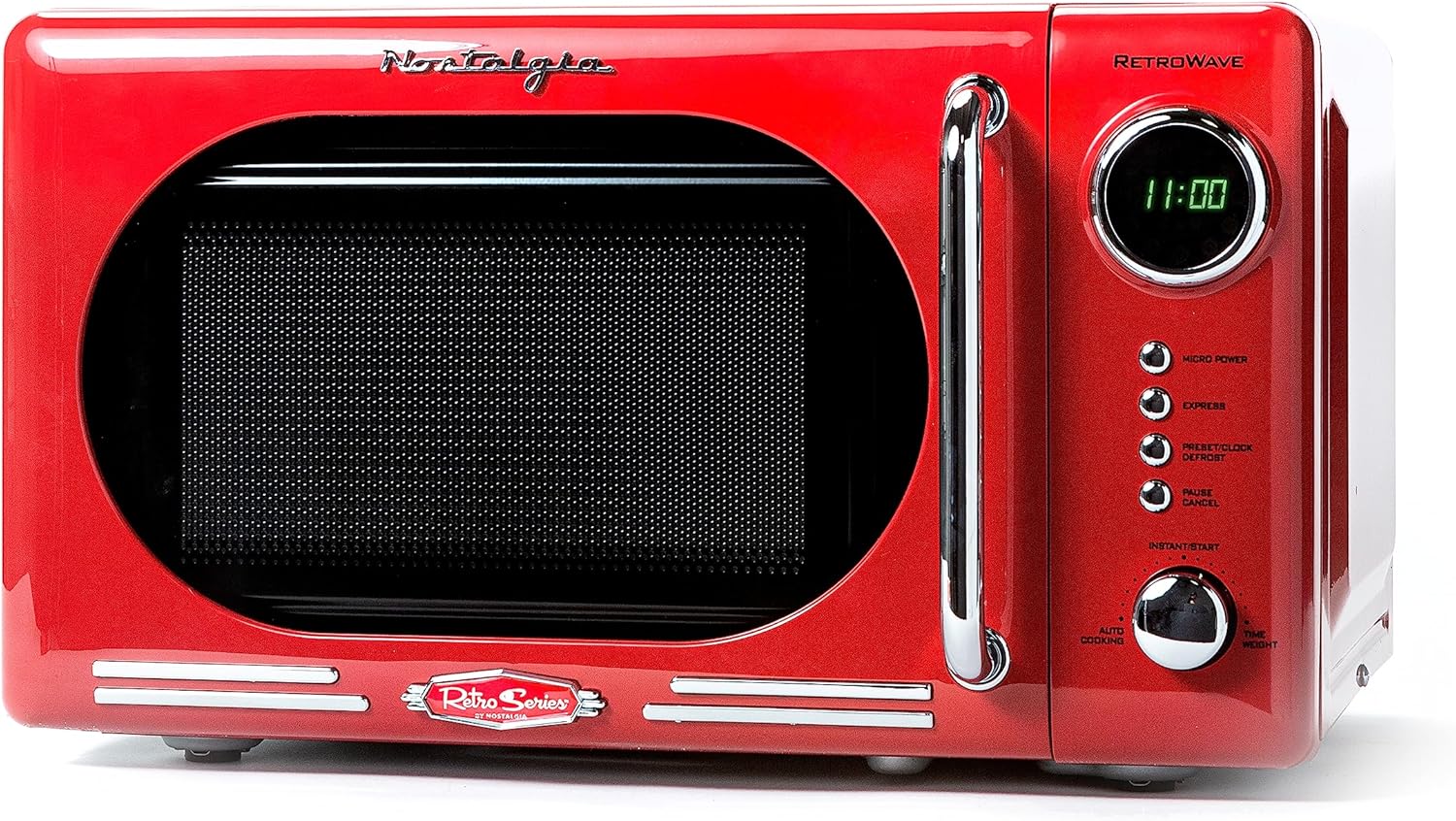 Nostalgia Retro Compact Countertop Microwave Oven – 0.7 Cu. Ft. – 700-Watts with LED Digital Display – Child Lock – Easy Clean Interior – Red