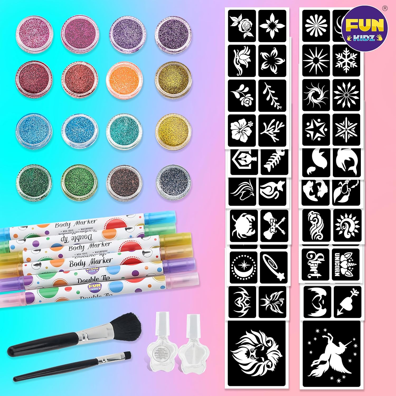 Tattoo Kit for Kids Ages 8-12, FunKidz 6 Double Tips Sparkle Brush Body Art Markers for Skin Plus Temporary Glitter Tattoo Kits With 106 Cute Tattoo Stencils Tattoo Glues Cool Presents for Tween Girls - Image 7