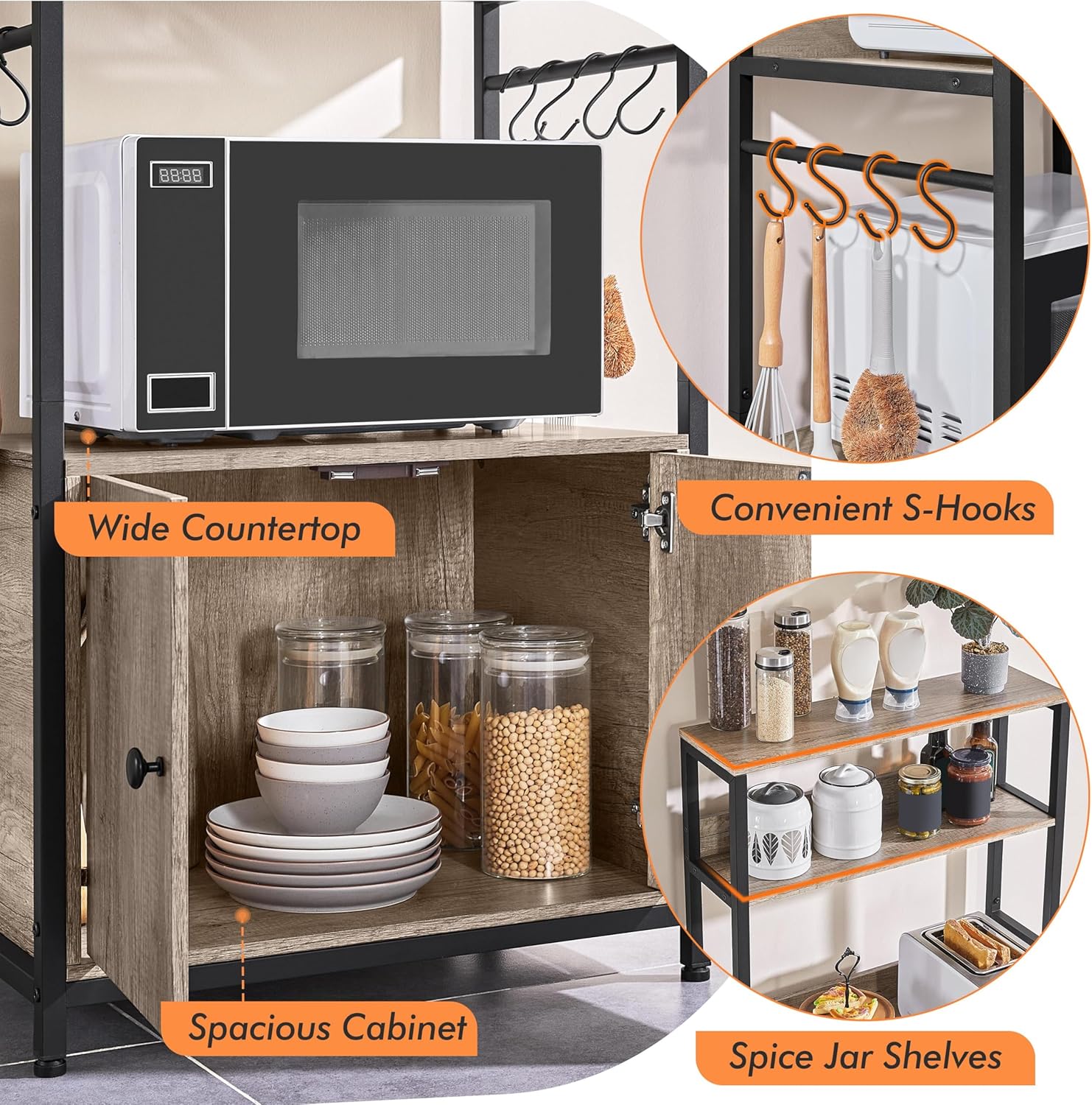 Yaheetech 4-Tier Kitchen Bakers Rack with Storage Cabinet and Hutch, Microwave Oven Stand Coffee Bar Pantry Cabinet with 8 S Hooks, Freestanding Kitchen Shelves Spice Rack, Gray - Image 5