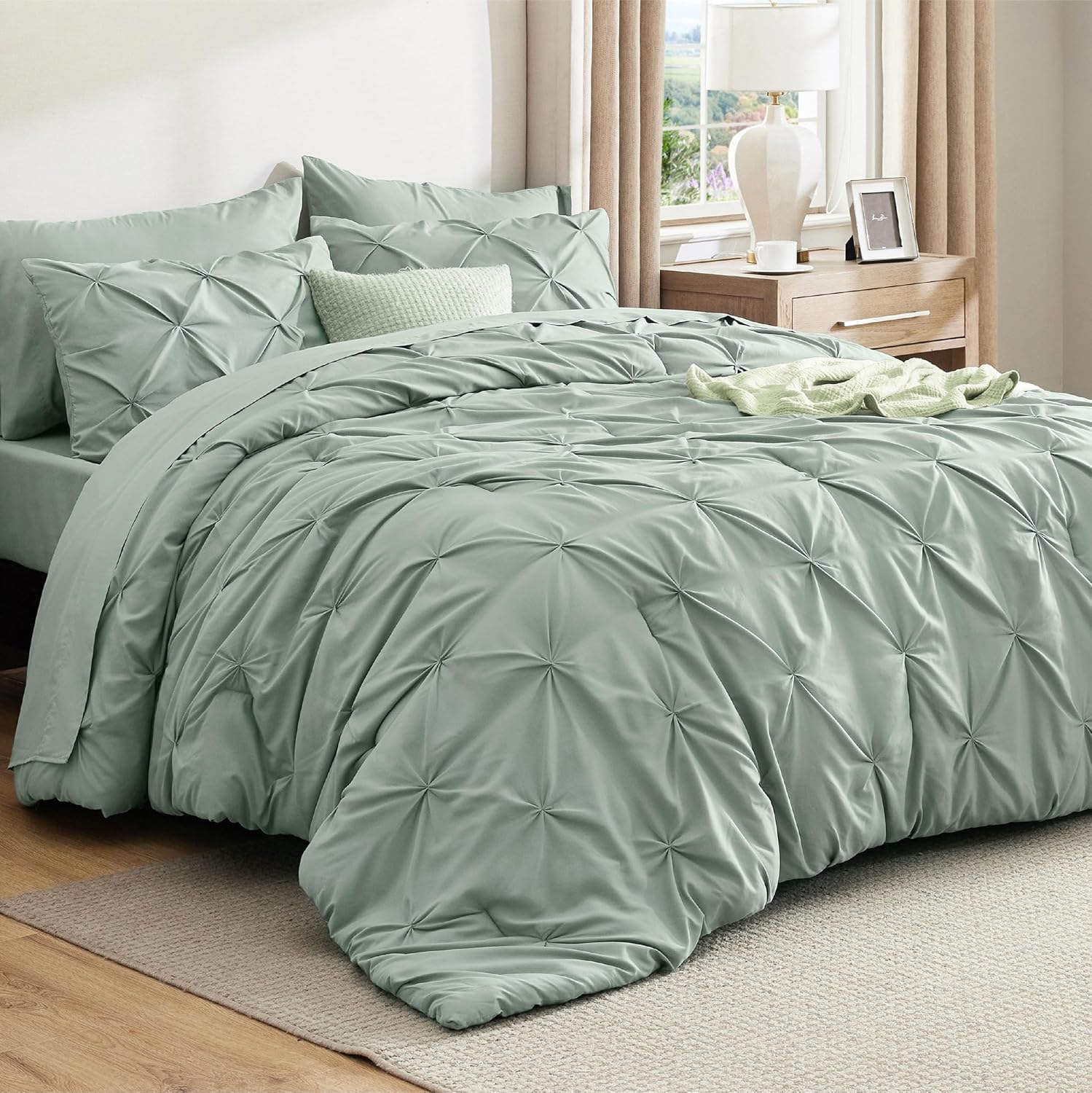 Bedsure Queen Comforter Set Sage Green – Bed in a Bag Queen Size Bedding 7 Pieces, GentleSoft™ Pintuck Bed Set Gift for Family, Pinch Pleat All Season Comforter with Sheets, Pillowcases & Shams