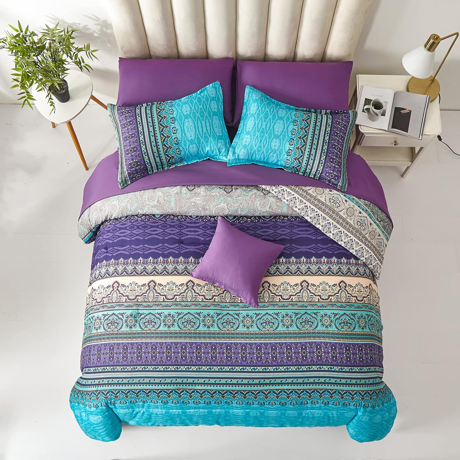 Cottolester Boho Comforter Set King Size 8 Piece Bed in a Bag Bohemian Striped Bedding Quilt Set Aqua Paisley Floral Comforter and Sheet Set,Soft Microfiber Complete Bedding Sets for All Season - Image 4