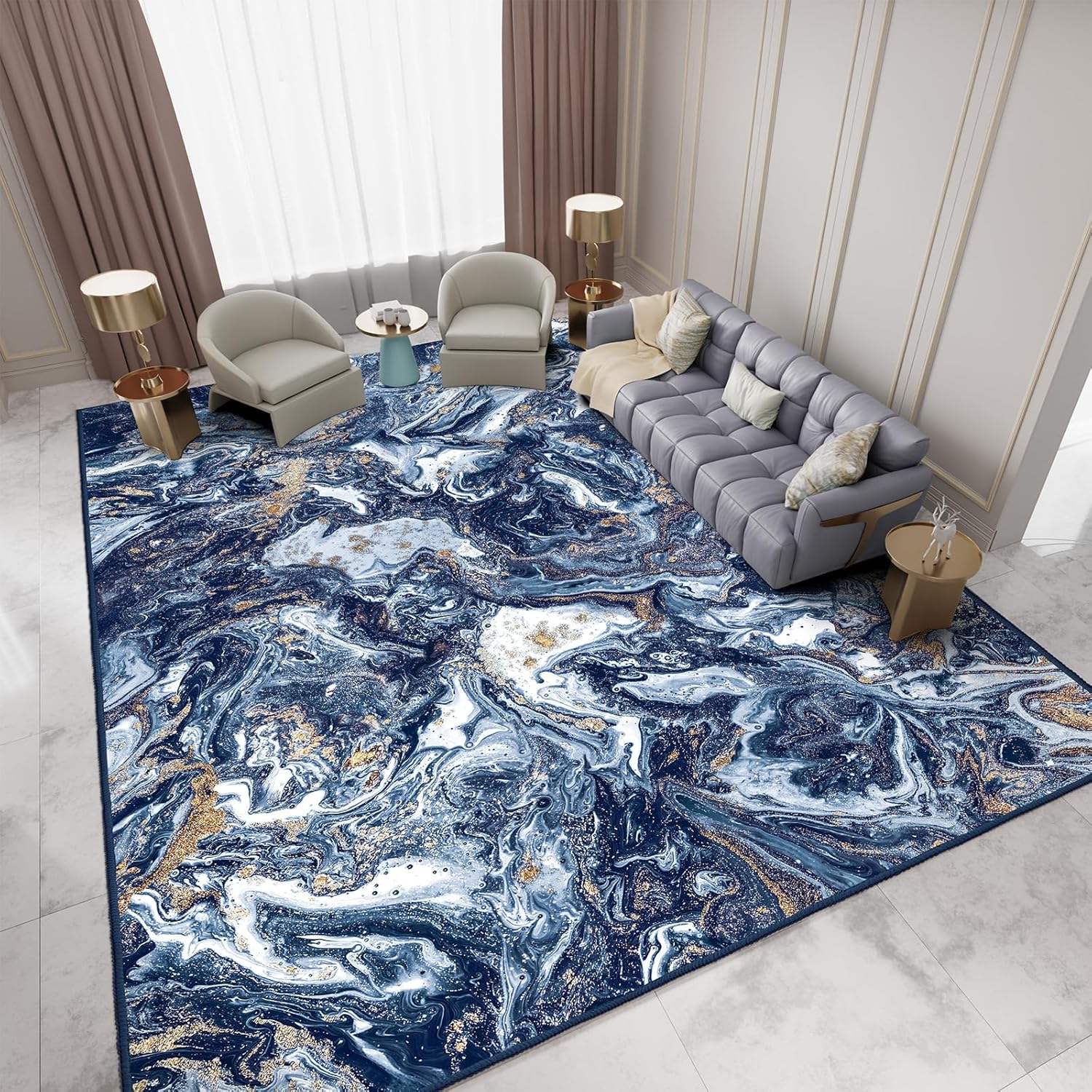 Washable Area Rug 6×9 – Artistic Style Modern Rug for Living Room Bedroom Dining Room, Soft Low Pile Machine Washable Carpet, Non Slip Non Shedding Area Rug – Dark Blue/Gold, 6’x9′