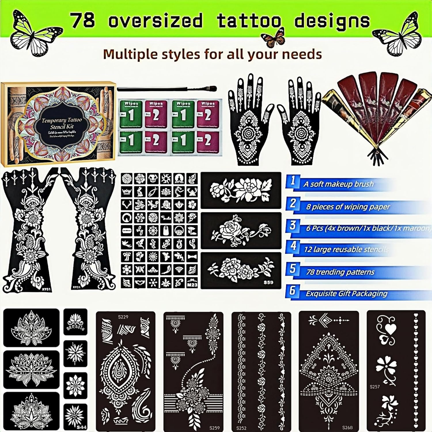 Temporary Tattoos Kit - Large 12 Sheets Temporary Tattoo Stencil Kit - 78 Unique Tattoo Designs - 6 Pcs (Brown/Black/Maroon) Ink with Paint Brush for DIY Body Art - Tattoos for Women Men Kids - Image 2