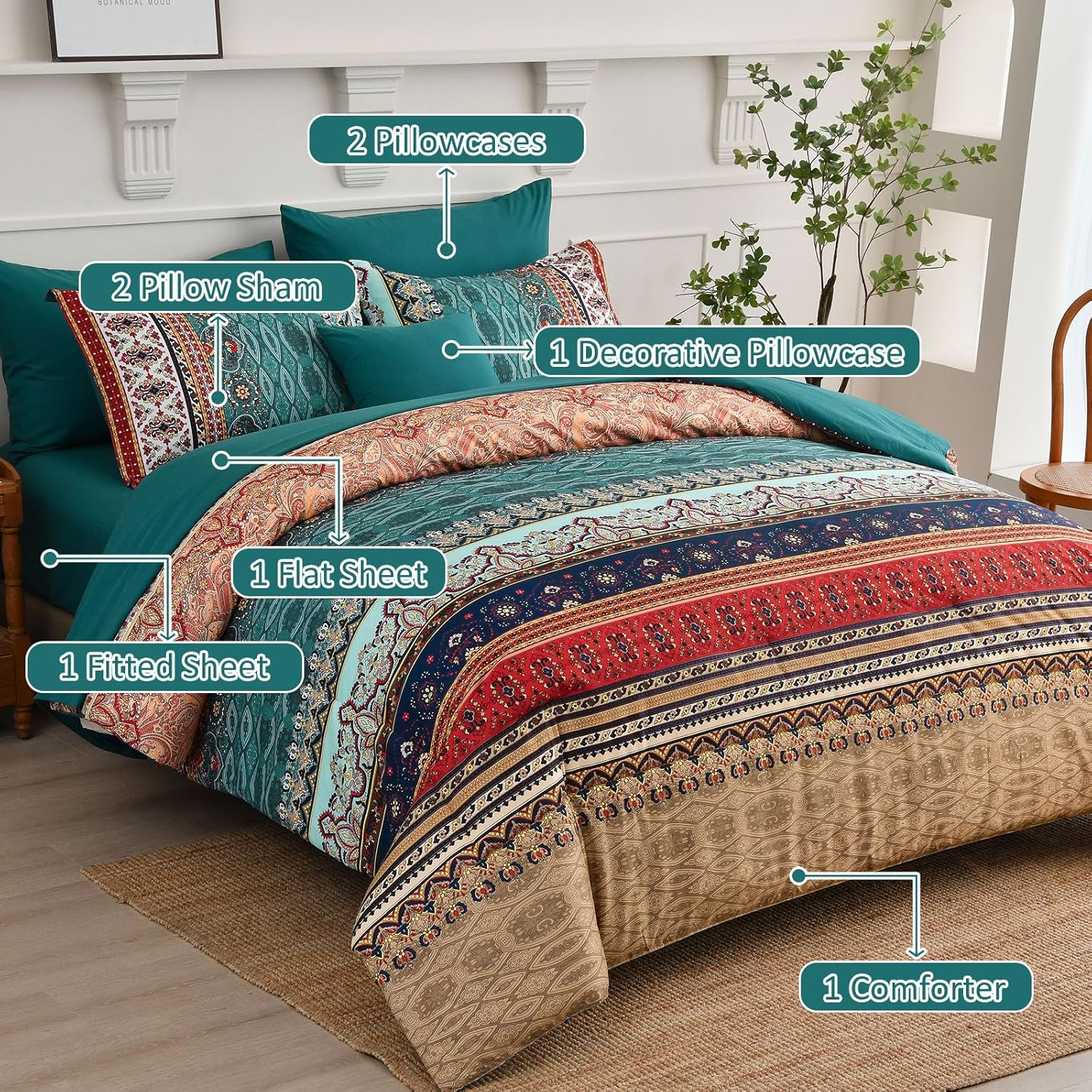 Cottolester Boho Queen Size Comforter Set 8 Pieces,Green and Brown Bohemian Striped Bed in a Bag,Floral Soft Microfiber Bedding Comforter Set - Image 2