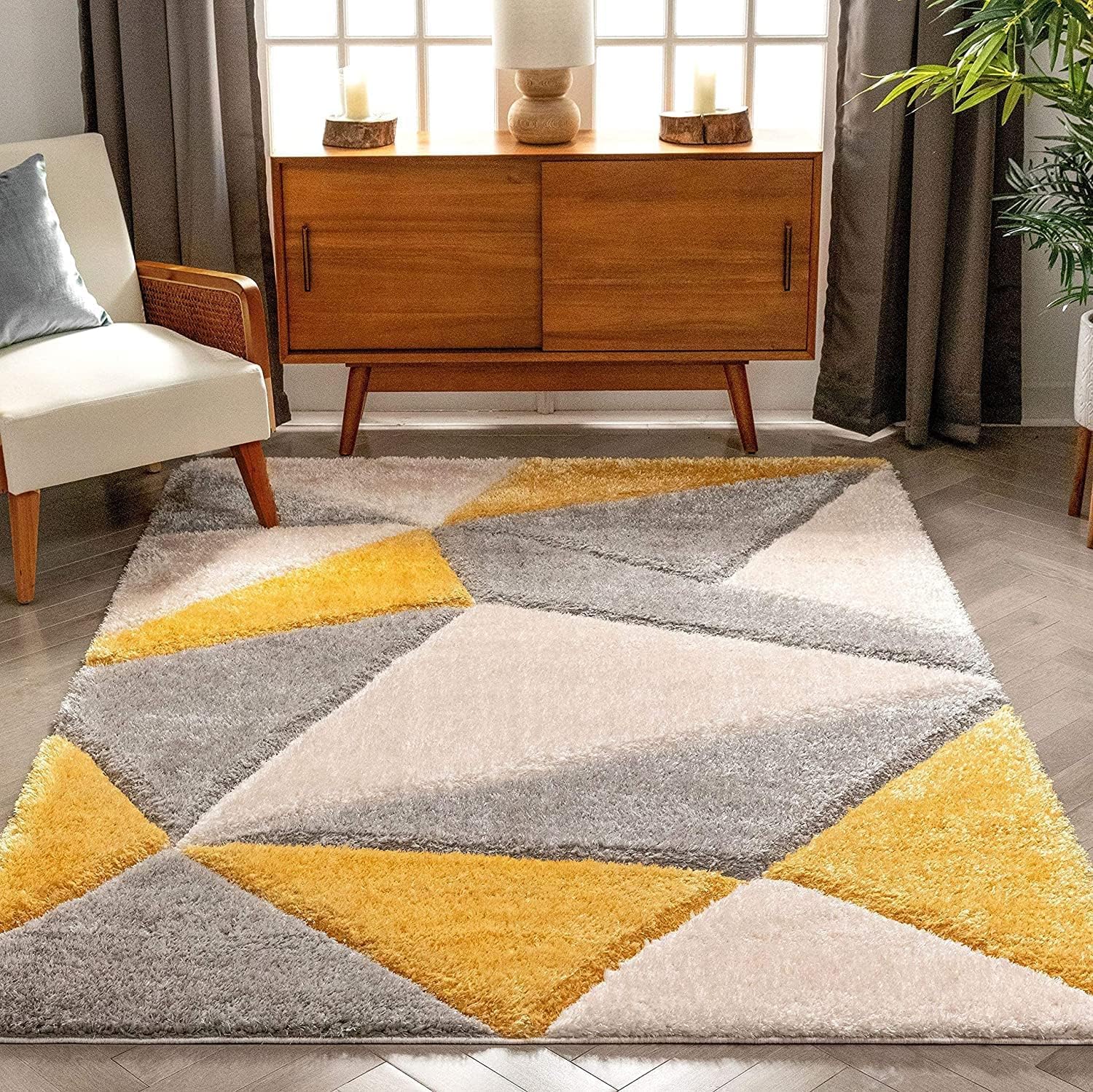 Geometric Modern Area Rug Soft Shaggy Carpet for Living Room, Bedroom, and Home Decor Yellow Gray Beige (Size 5x7 Feet) - Image 3