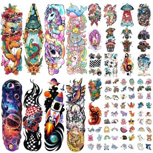 52 PCS Kids Full Arm Temporary Tattoos - Rocket Car Dinosaur Planet Astronaut & Dolphin Castle Cat Body Tattoos Stickers for Boys & Girls, Party Supplies Gifts