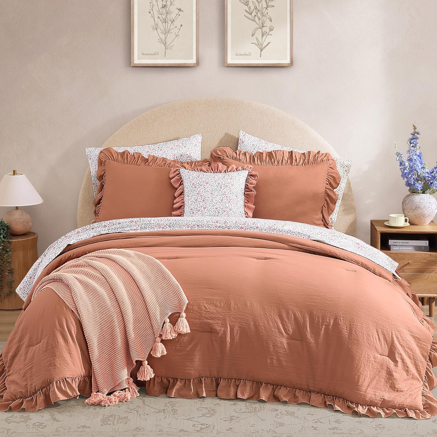 Queen Comforter Set - 7 Pieces Ruffle Autumn Leaf Bedding Sets, Shabby Chic Farmhouse Bed in a Bag Queen with Ruffle Comforter, Floral Sheets, Pillowcases & Shams - Image 2